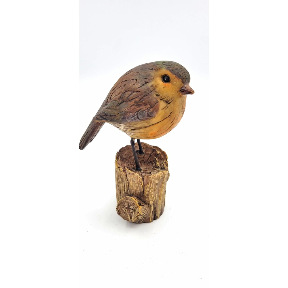 Brown & Gray Resin Bird Figurine on Tree Stump, Free Standing Decor Vtg 4.5 Inch
